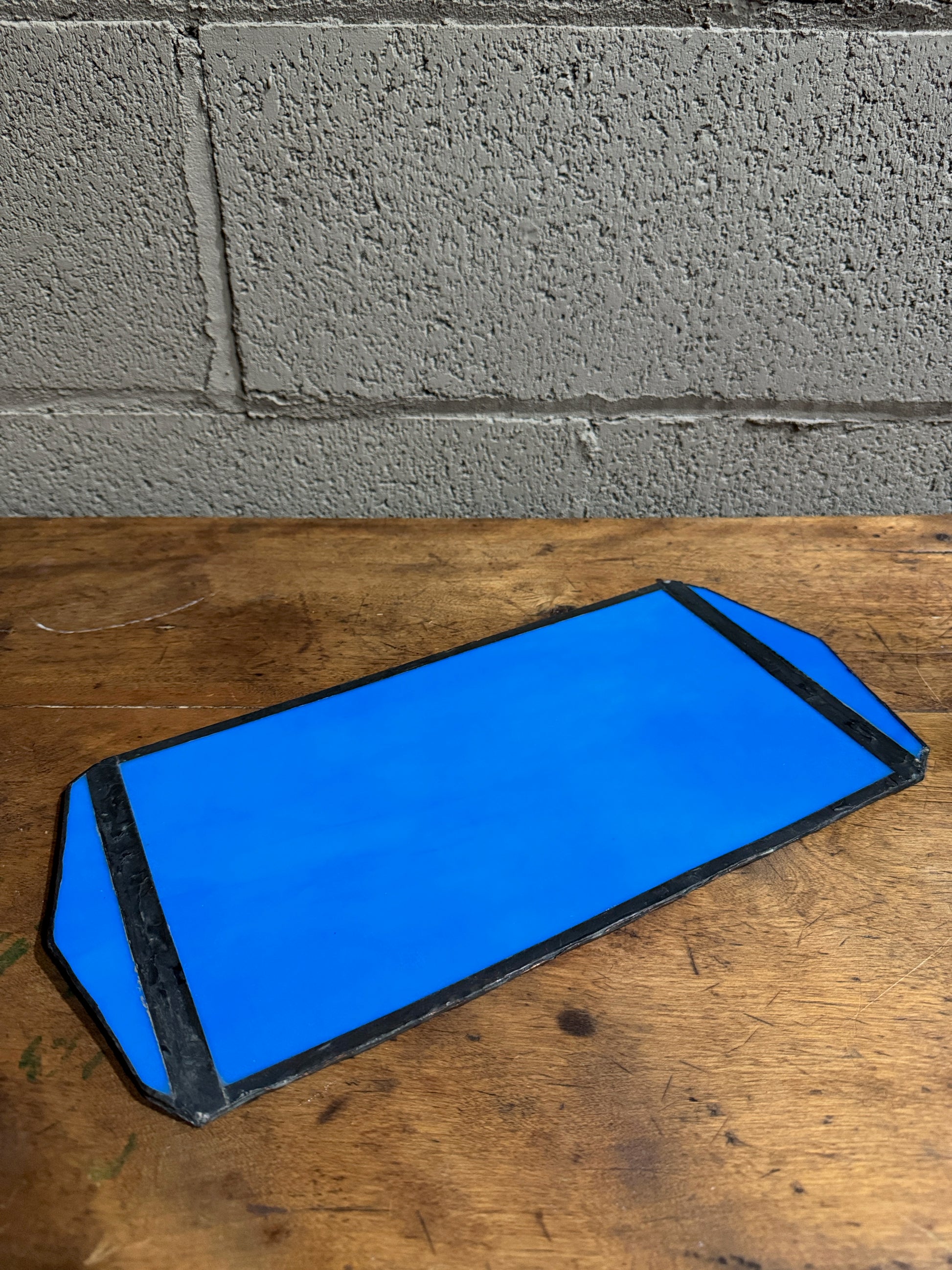 Antique Cobalt Blue Opaque Stained Glass Platter Trinket Tray