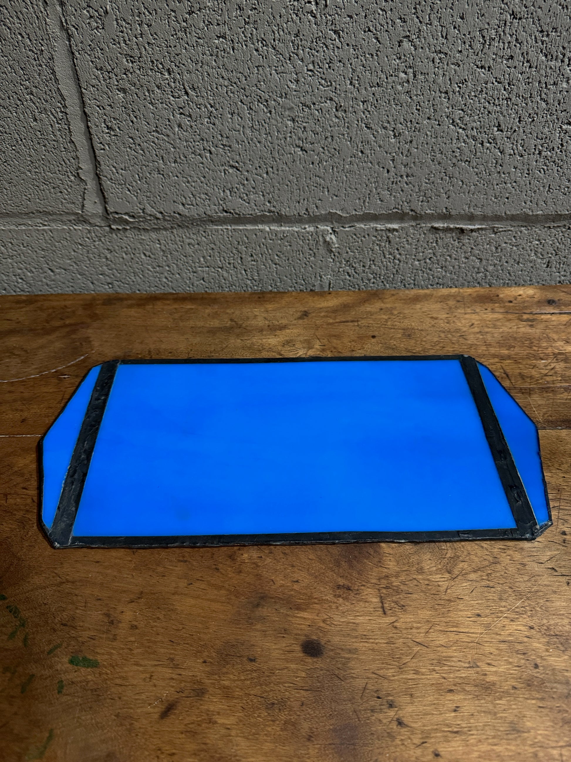 Antique Cobalt Blue Opaque Stained Glass Platter Trinket Tray