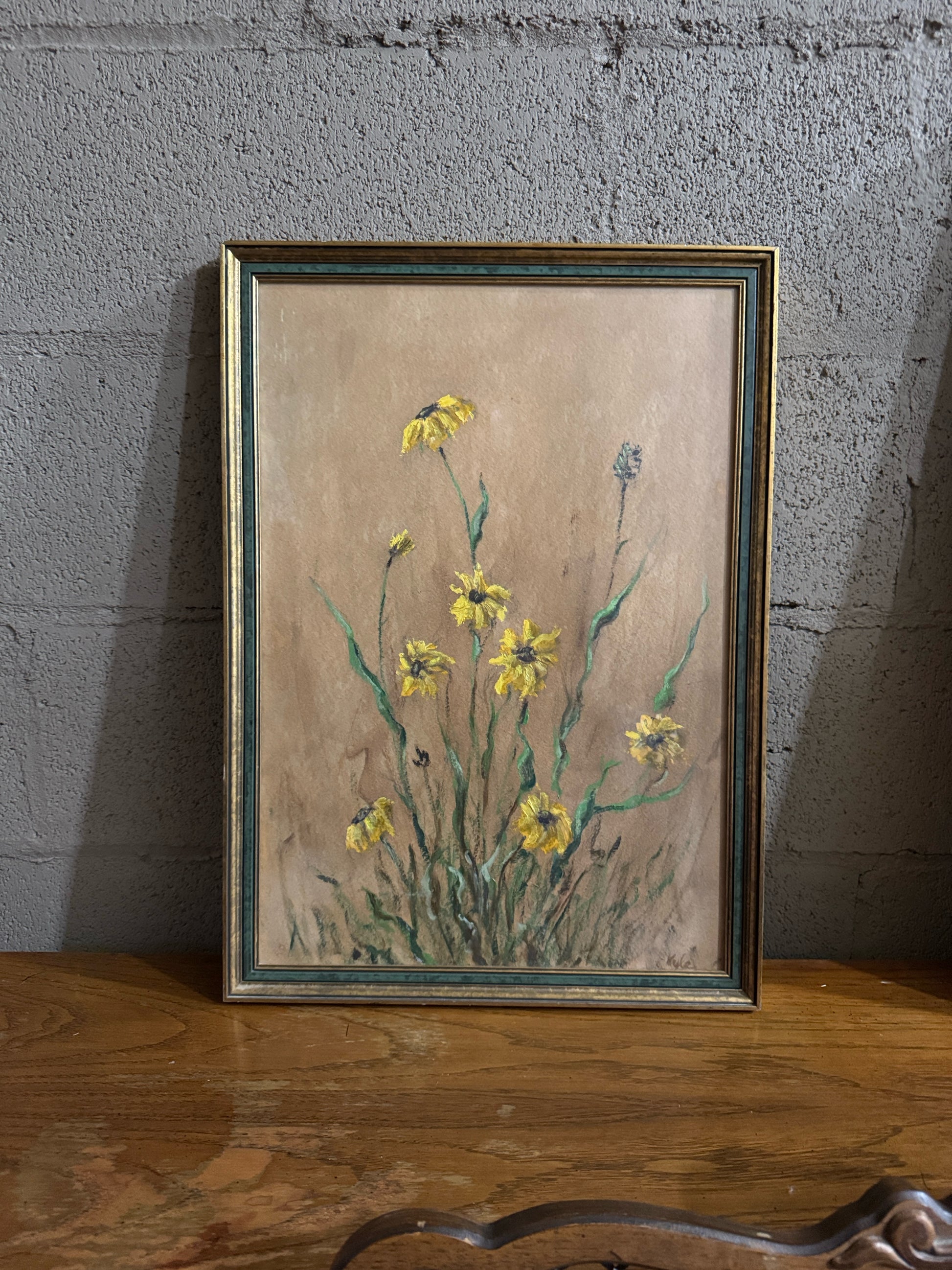 Original signed vintage painting, yellow flowers, oil on paper